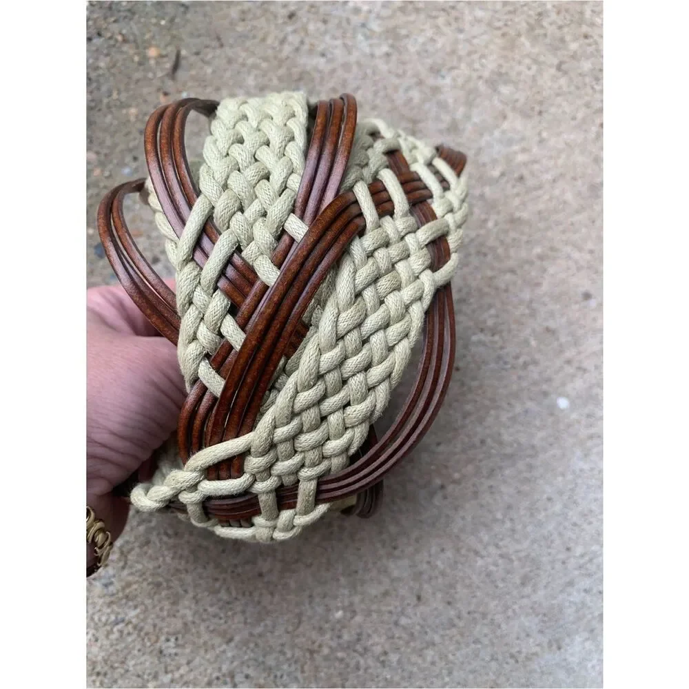 Vintage Braided Boho Tan and Cream Leather Trim Belt